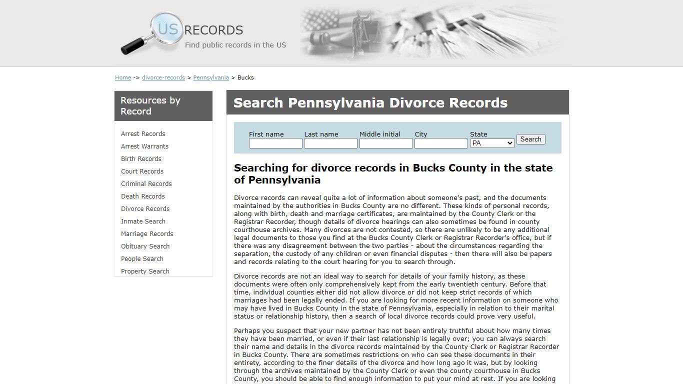 Search Divorce Records Bucks Pennsylvania | US Records